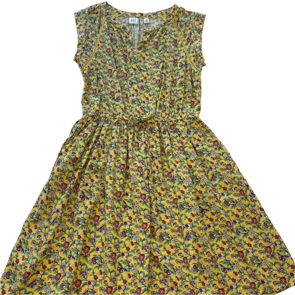 GAPKids Dress Short Sleeve Fit Flare Pockets Yellow Floral Girls Size Large (10)